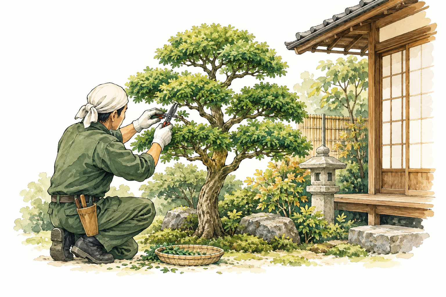 庭木1本を手入れするイラスト