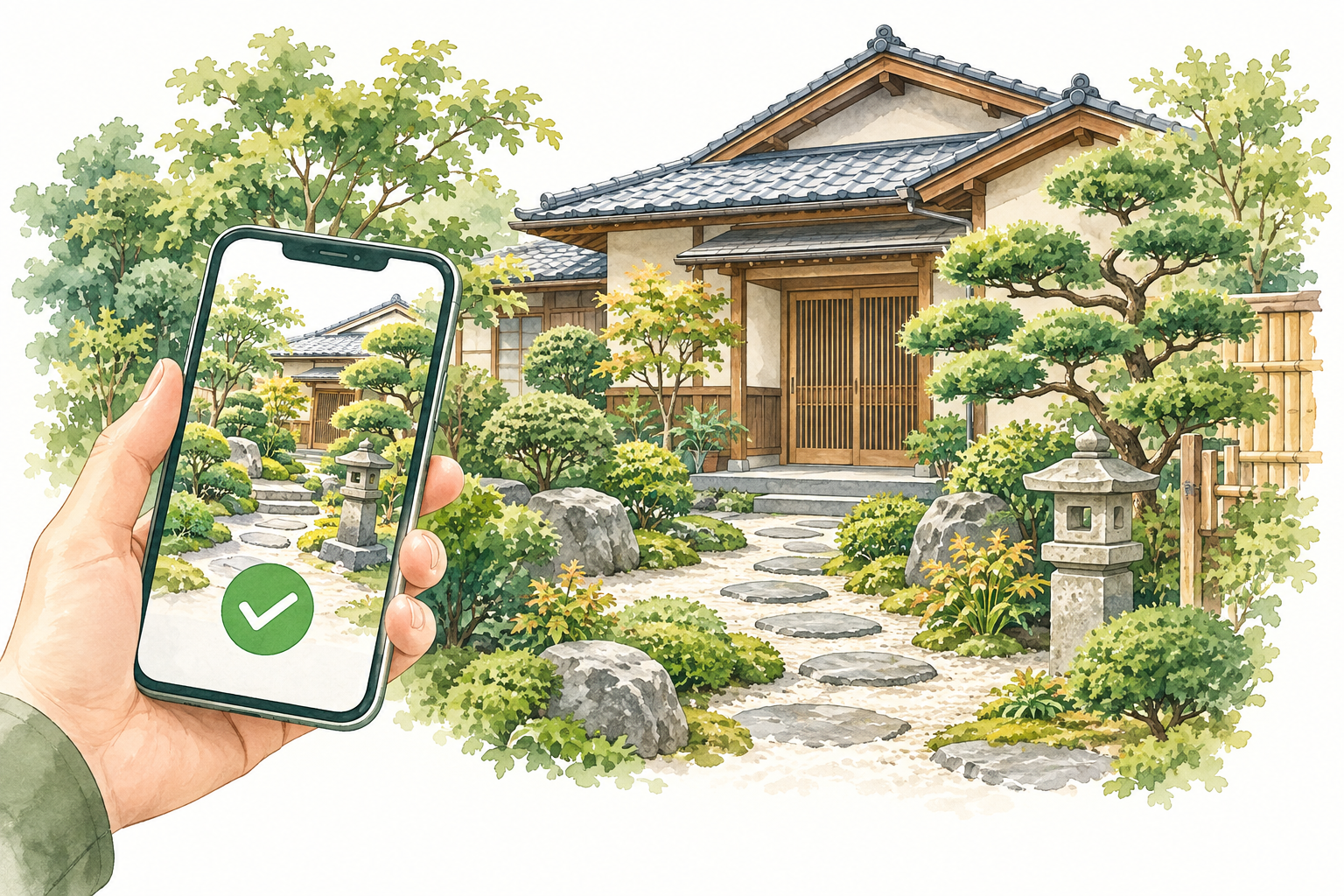離れた場所から庭の様子を確認するイラスト